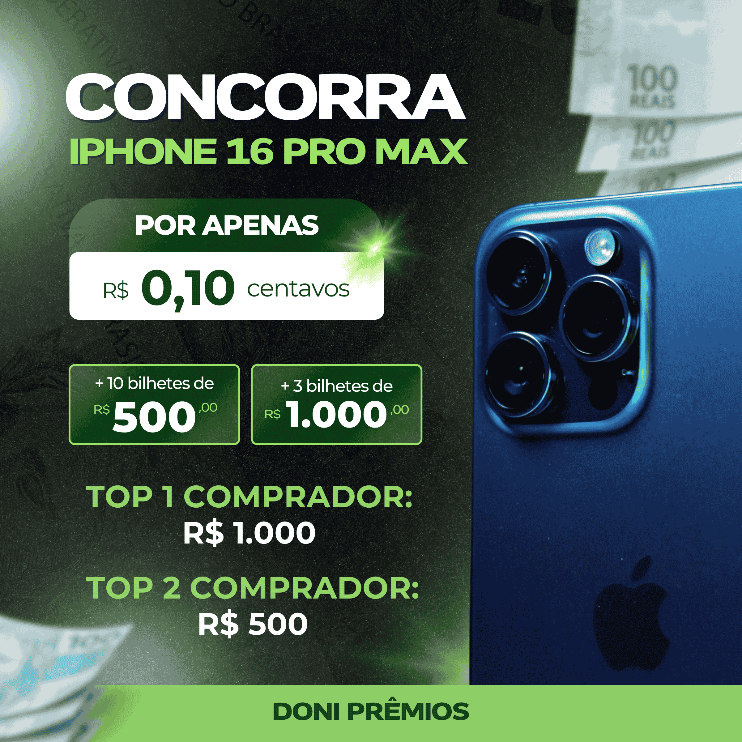 Concorra a um iPhone 16 Pro Max ou 7k na conta! Garanta seu número e boa sorte!